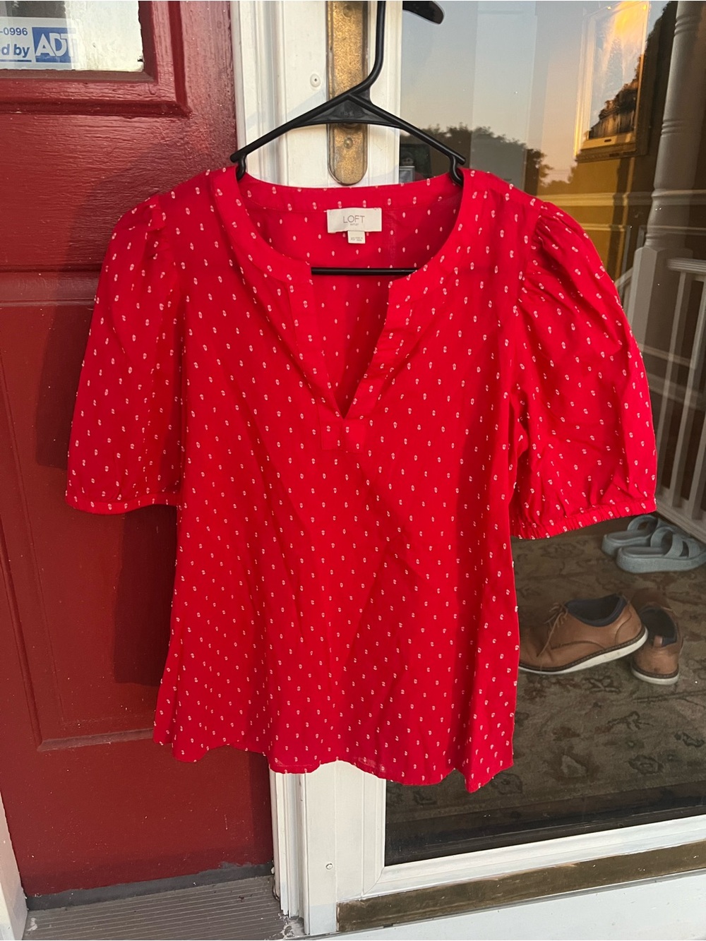 LOFT Outlet Polka Dot Red V-Neck Puff Sleeve Blouse